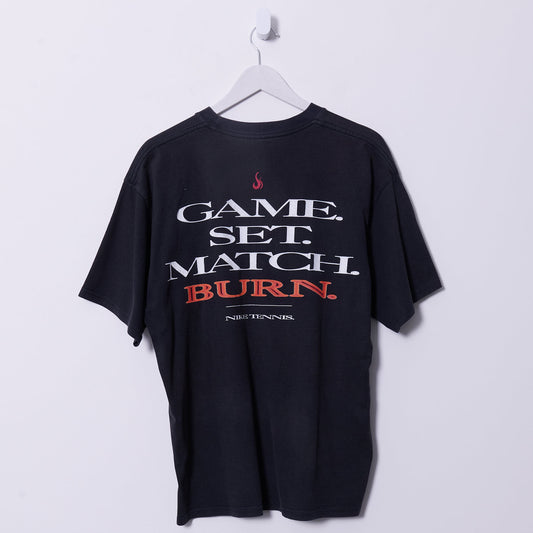 Vintage Nike Tennis 90s Game Set Match Burn T-Shirt Medium XL